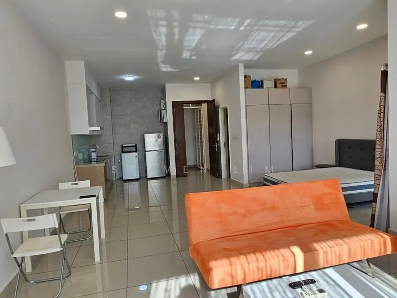 Living features: orange fabric sofa, white dining table with chairs, tile flooring, recessed downlights, wall-mounted TV, built-in wardrobe, floor-to-ceiling windows, neutral painted walls; style: modern. Kitchen features: stainless-steel fridge, built-in kitchen cabinets, ceramic tile backsplash, single-bowl stainless-steel sink, chrome pull-down faucet, 4-burner gas hob, microwave, countertop space; style: modern. Bedroom features: queen-size bed, upholstered headboard, neutral bedding, built-in wardrobe, window with natural light, tile flooring; style: modern.