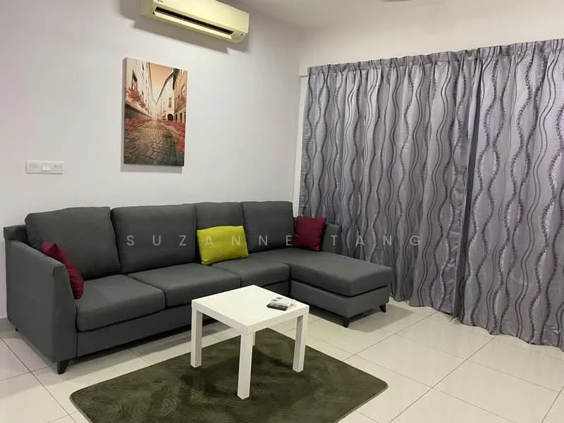 Living features: 3-seater fabric sofa in grey, L-shape sectional sofa, coffee table in white, area rug in green, floor-to-ceiling window treatments with grey curtains, wall-mounted split AC, framed artwork on wall, white tiled flooring; style: modern.