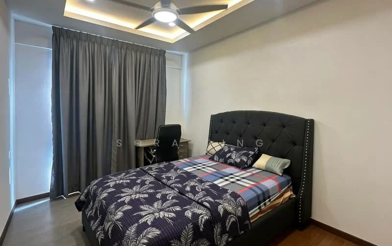 Bedroom features: king-size bed with upholstered headboard, decorative bedding with palm leaf pattern, 2 bedside pillows, 1 bedside table, desk chair, ceiling fan with light, dark wood flooring, grey curtains, wall with light paint, window with natural light; style: modern.