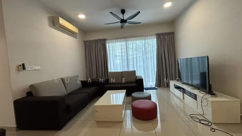 Living features: 3-seater fabric sofa in grey, 2-seater fabric sofa in brown, coffee table in white, TV console in white, wall-mounted TV, floor-to-ceiling windows, sheer curtains, recessed downlights, 5-blade ceiling fan, polished tile flooring, decorative red pouf, area rug; style: modern; view: garden.