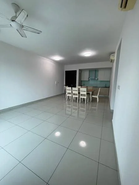 Dining features: white painted walls, glossy ceramic tile flooring, 5-blade ceiling fan, recessed downlights, 6-seater dining table, light wood dining chairs, open kitchen layout, kitchen cabinetry visible in background; style: modern.