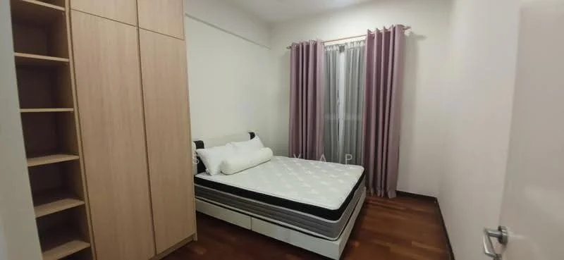 Bedroom features: queen-size bed with mattress, wooden flooring, built-in wardrobe with sliding doors, floor-to-ceiling window with sheer curtains, purple curtains, decorative pillows, light-colored painted walls, nightstand; style: modern.