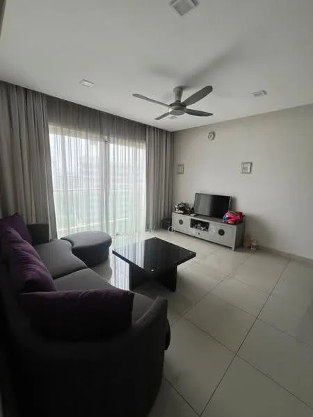 Living features: 3-seater fabric sofa in grey, purple accent cushions, glass coffee table, TV console in white, wall-mounted TV, floor-to-ceiling windows, sheer curtains, recessed ceiling lights, light-coloured tiled flooring, decorative wall clock; style: modern; view: city.