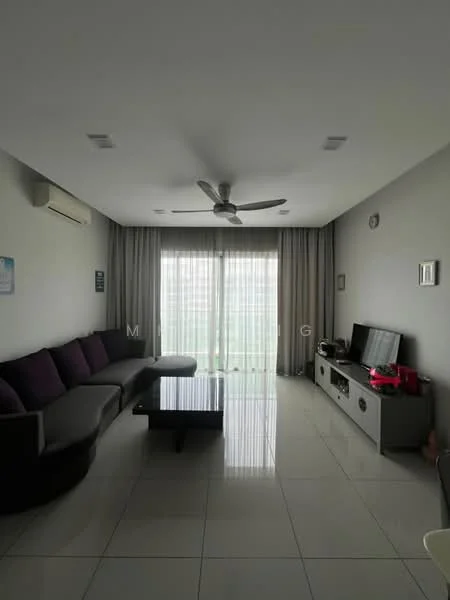 Living features: L-shape sectional sofa in purple and grey, coffee table, wall-mounted TV, TV console, floor-to-ceiling windows, sheer curtains, recessed downlights, 1 wall-mounted split AC, white painted walls, glossy tile flooring, ceiling fan with light; style: modern.