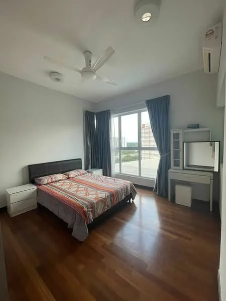 Bedroom features: king-size bed with patterned bedding, upholstered headboard, 2 bedside tables, ceiling fan, large window with city view, curtains, wooden flooring, built-in wardrobe, dressing table with mirror, wall-mounted TV; style: modern; view: city.