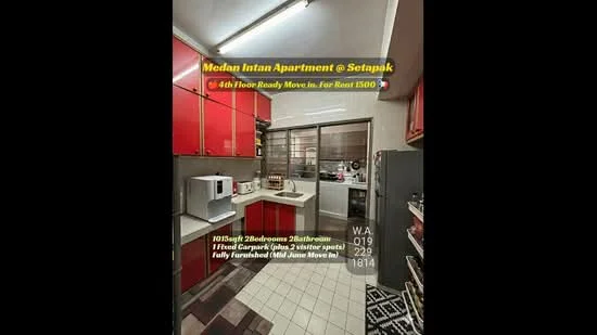 Kitchen features: red cabinetry, white countertop, stainless-steel sink, chrome pull-down faucet, built-in microwave, freestanding range oven, ceramic tile flooring, glass window, recessed downlights, open shelving, kitchen island, wall-mounted cabinets, tile backsplash; style: modern.