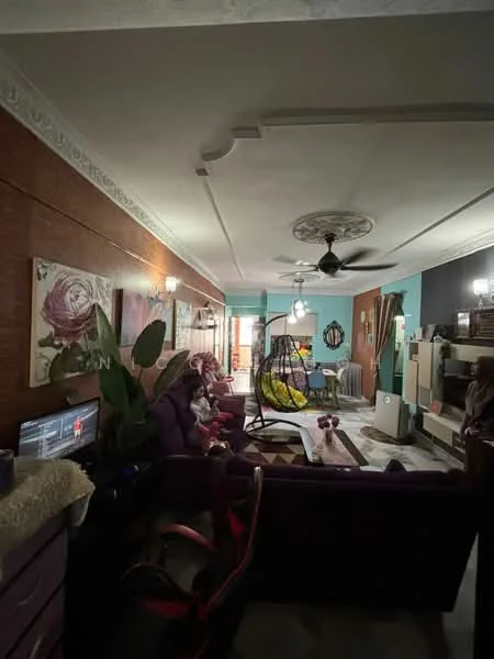 Living features: purple fabric sofa, 2-seater purple sofa, hanging egg chair, coffee table, area rug with geometric pattern, wall-mounted TV, wooden TV console, decorative wall art with floral pattern, ceiling rose, recessed downlights, wood paneling on walls, light blue painted walls, plant in ceramic pot; style: modern.