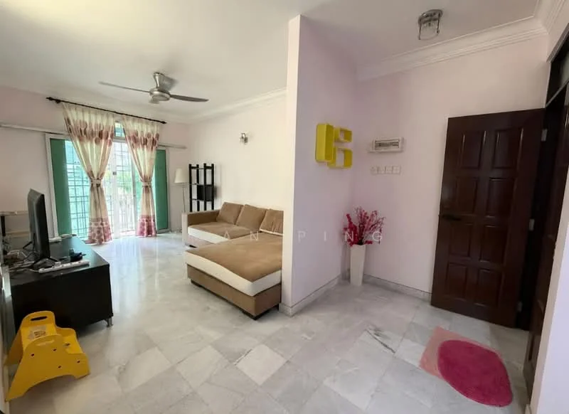 Living features: 3-seater fabric sofa in beige, coffee table, TV console, wall-mounted TV, marble flooring, ceiling fan, floor-to-ceiling windows, sheer curtains, decorative wall art, pink area rug, built-in shelving unit, door leading to balcony; style: modern; view: garden.