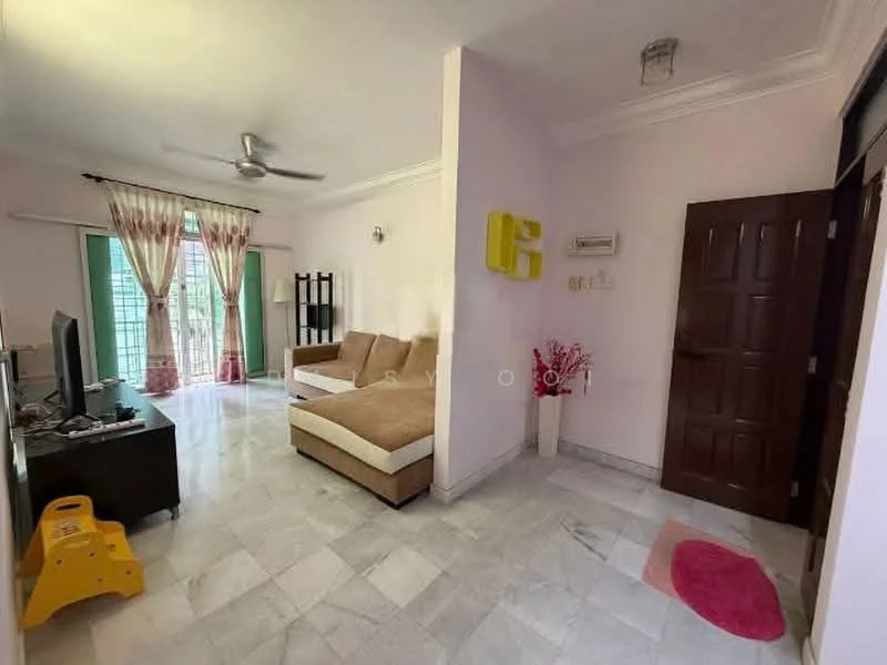 Living features: 3-seater fabric sofa in beige, coffee table, wall-mounted TV, ceiling fan, marble flooring, white painted walls, sliding glass door, curtains, area rug in pink, decorative wall art, built-in shelving unit, door with wooden finish; style: modern; view: garden.