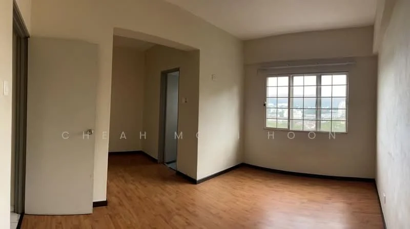 Room features: light wood laminate flooring, cream painted walls, large window with white blinds, doorway leading to another room, door leading to the exterior, corner of the room with no visible furniture, natural light from window, neutral color scheme; style: modern; view: city.
