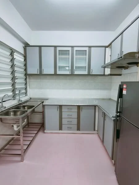 Kitchen features: double-bowl stainless-steel sink, chrome pull-down faucet, grey flat-panel cabinets, white tiled backsplash, grey countertop, stainless-steel fridge, stainless-steel range hood, open shelving, pink vinyl flooring, window with horizontal slats; style: modern.