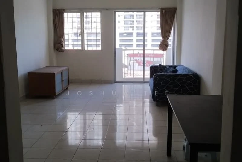 Living features: white painted walls, ceramic tile flooring, floor-to-ceiling windows, sliding glass door, curtains, sofa in blue fabric, wooden coffee table, TV console, area rug, balcony view; view: city.