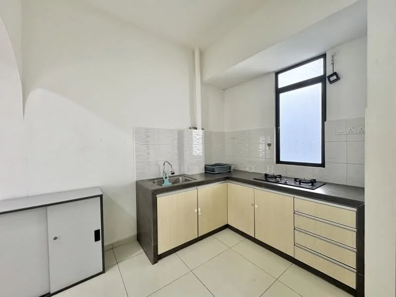 Kitchen features: single-bowl stainless-steel sink, chrome pull-down faucet, 2-burner gas hob, grey countertop, light wood cabinetry, white tiled backsplash, white walls, tile flooring, window for natural light; style: modern.