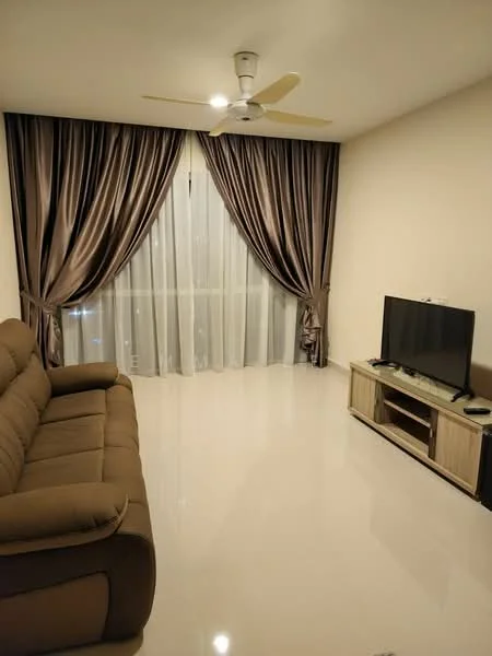 Living features: 3-seater fabric sofa in brown, wall-mounted TV, TV console in light wood, floor-to-ceiling windows, sheer curtains, dark drapes, ceiling fan with light, glossy tile flooring, neutral painted walls; style: modern; view: city.