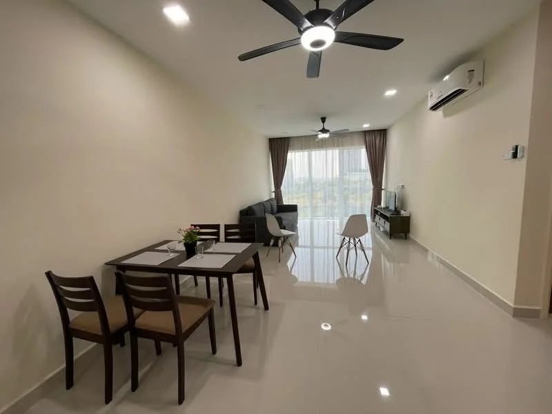 Living features: white painted walls, glossy tile flooring, 5-blade ceiling fan with light, sofa in dark grey, coffee table, TV console, wall-mounted TV, floor-to-ceiling windows with sheer curtains, curtains in brown, air conditioning unit, dining table with 4 chairs, decorative plant on table; style: modern; view: city.