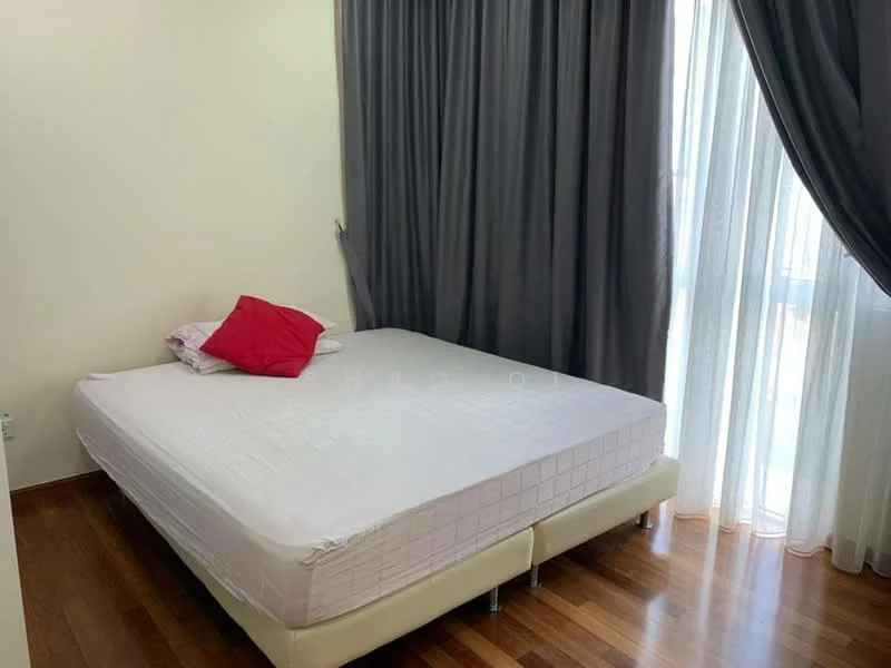 Bedroom features: queen-size bed, wooden flooring, grey curtains, floor-to-ceiling windows, white walls, decorative red pillow.