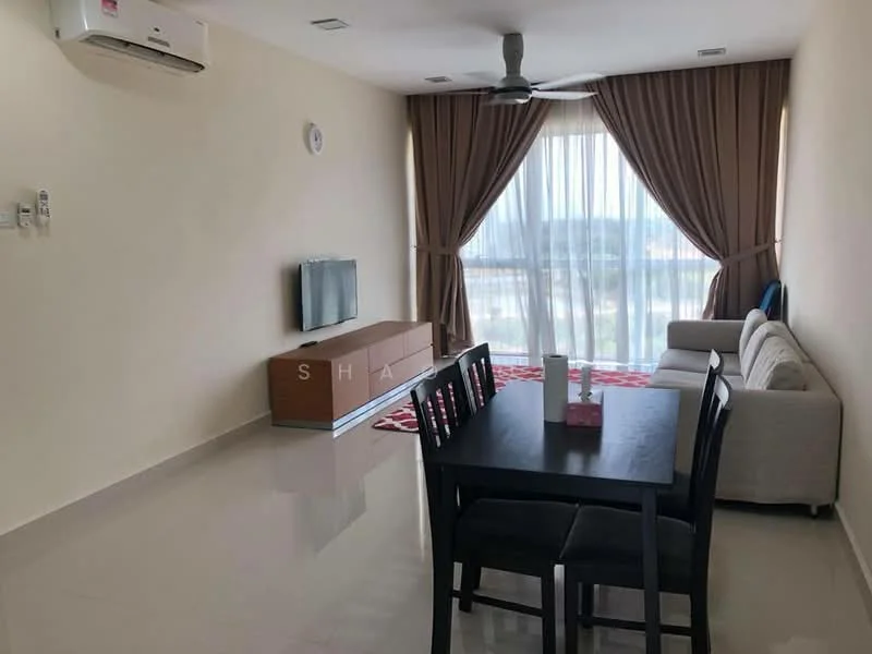 Living features: light grey fabric sofa, wooden TV console, wall-mounted TV, red area rug, black dining table with four chairs, floor-to-ceiling windows, sheer curtains, recessed downlights, 1 wall-mounted split AC, cream painted walls, glossy tile flooring, ceiling fan; style: modern; view: city.