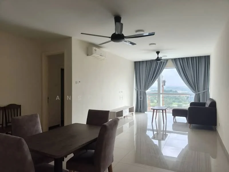 Living features: 5-blade ceiling fan, wall-mounted split AC, floor-to-ceiling windows, grey curtains, white painted walls, polished tile flooring, sofa in dark grey, coffee table, TV console, dining table with 4 chairs; style: modern; view: city.