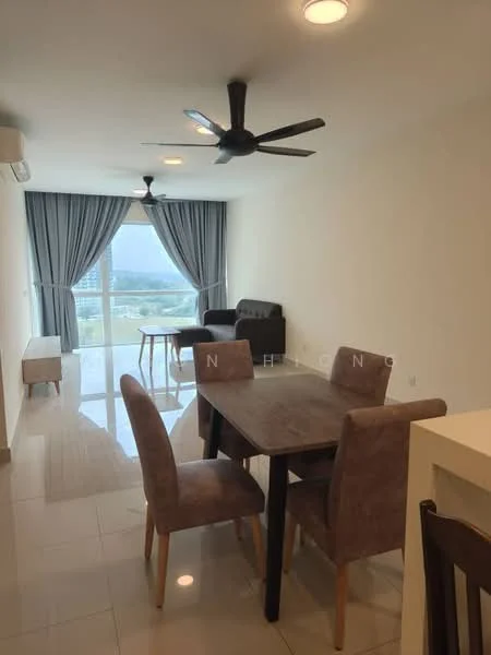 Living features: 5-blade ceiling fan with light, floor-to-ceiling windows, grey curtains, white painted walls, glossy tile flooring, black sofa, wooden dining table, 4 upholstered dining chairs, side table, natural light from window; style: modern; view: city.