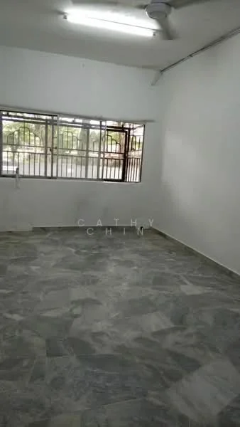 Room features: marble flooring, white painted walls, ceiling fan, large windows, metal window grills, natural light, neutral color scheme, spacious layout; style: minimalist; view: garden.