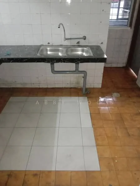 Kitchen features: double-bowl stainless-steel sink, chrome faucet, black granite countertop, white tiled walls, brown ceramic tile flooring, white square floor tiles, window for natural light, exposed plumbing.