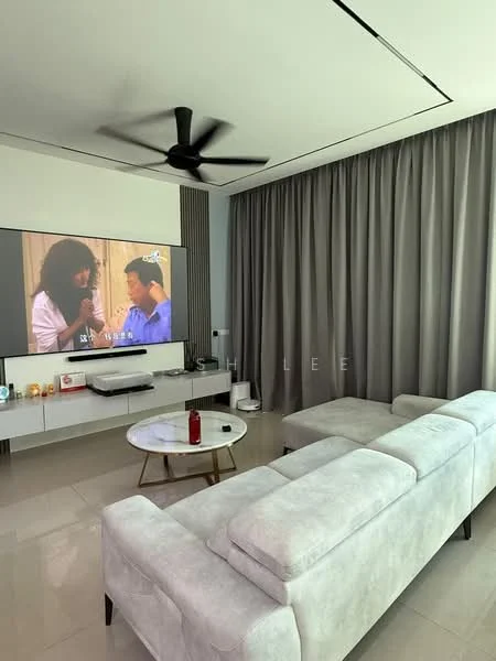 Living features: 3-seater fabric sofa in light grey, round marble coffee table, wall-mounted TV, TV console with storage, 5-blade ceiling fan, floor-to-ceiling curtains in grey, recessed ceiling lights, polished tile flooring, decorative candles on console; style: modern.