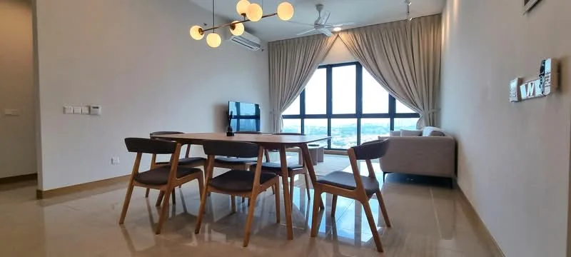 Dining features: 6-seater dining table, wooden dining chairs, pendant lighting with multiple bulbs, floor-to-ceiling windows, curtains, wall-mounted TV, sofa in light grey fabric, marble tile flooring, air conditioning unit, decorative wall, area rug; style: modern; view: city.