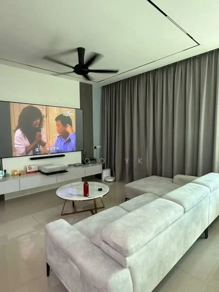 Living features: 3-seater fabric sofa in light grey, round coffee table, wall-mounted TV, media console, 5-blade ceiling fan, floor-to-ceiling curtains in grey, polished tile flooring, decorative items on console; style: modern.