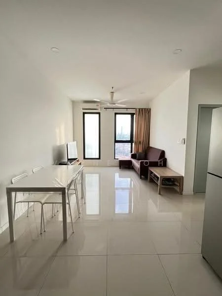 Living features: white painted walls, glossy tile flooring, 5-blade ceiling fan with light, floor-to-ceiling windows, beige curtains, TV console, wall-mounted TV, 3-seater fabric sofa in maroon, dining table with 4 white chairs; style: modern; view: city.