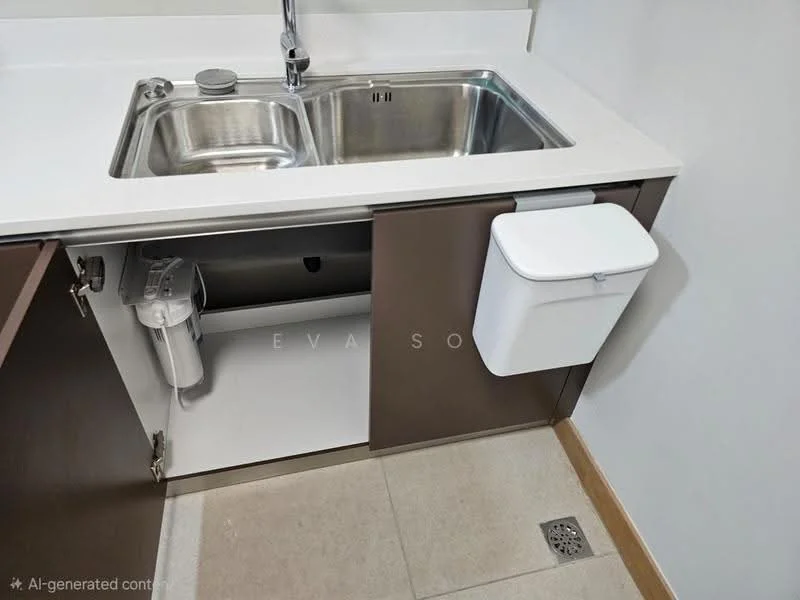 Kitchen features: double-bowl stainless-steel sink, chrome pull-down faucet, white countertop, brown cabinetry, built-in garbage bin, tile flooring, drainage grate, under-sink water filter; style: modern.