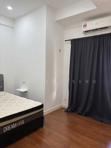 Bedroom features: wooden flooring, white painted walls, ceiling with recessed lighting, wall-mounted air conditioning unit, blackout curtains, single bed with mattress, nightstand, plug points; style: modern.