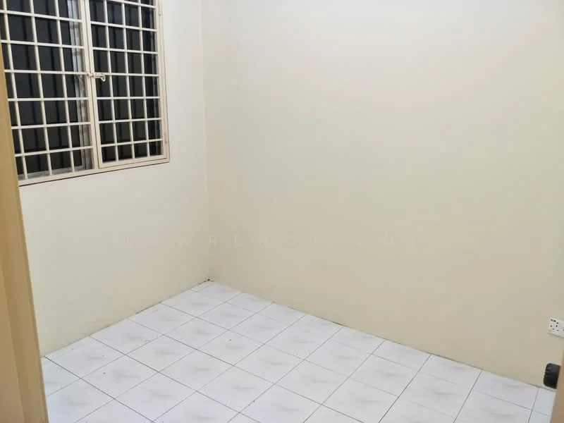Room features: white painted walls, tile flooring, square grid window with metal bars, no visible furniture, neutral color scheme, empty room.