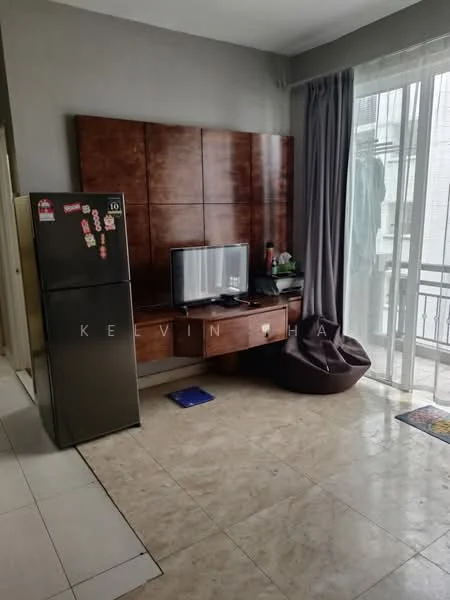 Living features: cream tiled flooring, wooden feature wall, flat-panel TV console, television, refrigerator, bean bag chair, floor-to-ceiling windows, sheer curtains, balcony access, decorative rug; style: modern.