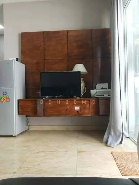 Living features: marble tile flooring, light grey painted walls, wooden feature wall with paneling, wall-mounted TV, wooden TV console, refrigerator, table lamp, curtains, sliding glass door; style: modern.