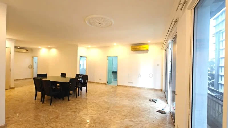 Living features: marble flooring, recessed downlights, 5-blade ceiling fan, floor-to-ceiling windows, sliding glass door, dining table with 6 black chairs, air conditioning unit, decorative ceiling rose; style: modern; view: city. Room features: white painted walls, doorway leading to bathroom, doorway leading to another room.