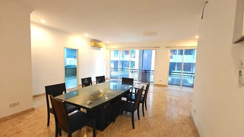 Dining features: marble tile flooring, white painted walls, recessed downlights, ceiling rose, large dining table with glass top, 8 black dining chairs, floor-to-ceiling sliding glass doors, balcony access, air conditioning unit, decorative wall panel, open layout to living area; style: modern; view: city.