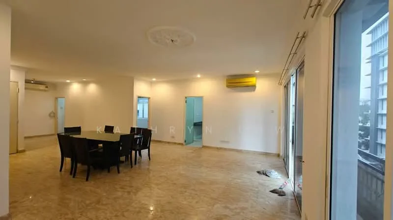 Living features: marble tile flooring, white painted walls, recessed downlights, 5-blade ceiling fan, floor-to-ceiling windows, sliding glass door, dining table with 6 chairs, air conditioning unit, decorative ceiling rose; style: modern; view: city. Room features: white painted walls, marble tile flooring, recessed downlights, air conditioning unit.
