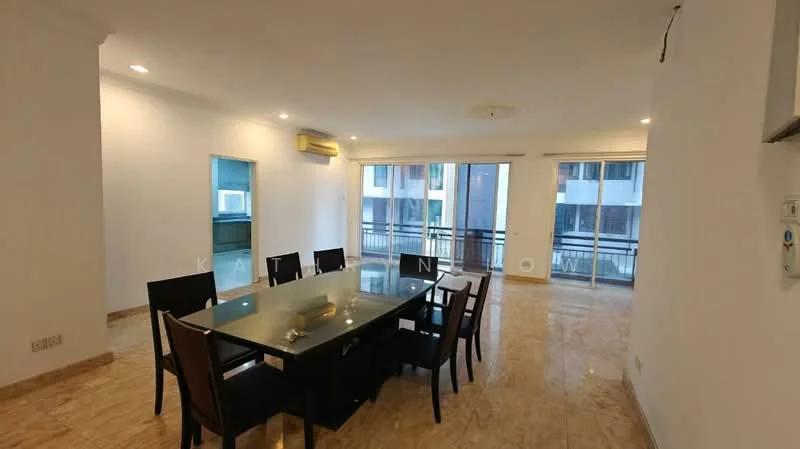 Dining features: marble flooring, white painted walls, recessed downlights, 6-seater dining table with glass top, black dining chairs, floor-to-ceiling windows, sliding glass door, balcony access, air conditioning unit; style: modern. Room features: white painted walls, marble flooring, recessed downlights.