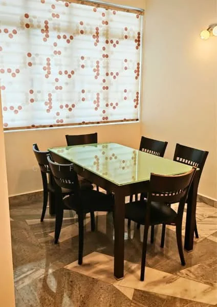 Dining features: glass dining table, 6 black wooden dining chairs, marble flooring, white walls, decorative window treatment with circular pattern, wall-mounted light fixture; style: modern.