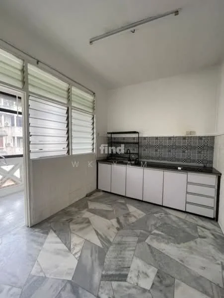 Kitchen features: grey and white marble flooring, white cabinetry with flat-panel design, black countertop, sink with faucet, wall-mounted shelving, tiled backsplash with geometric pattern, window with horizontal slats, natural light from window; style: modern.