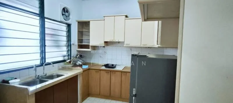 Kitchen features: double-bowl stainless-steel sink, chrome pull-down faucet, laminate countertop, light wood cabinetry, built-in gas stove, stainless-steel fridge, white tiled backsplash, white tiled flooring, window with security bars, wall-mounted exhaust fan; style: modern.