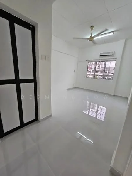 Room features: white painted walls, glossy ceramic tile flooring, ceiling fan with light, wall-mounted split AC, large window with city view, black framed sliding door, bright natural light, minimalist design; style: modern; view: city.