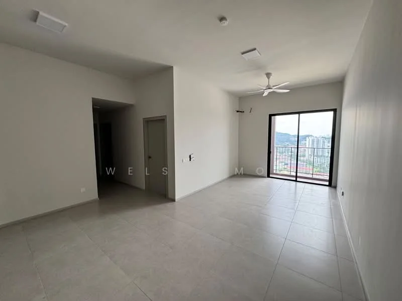 Living features: light grey tiled flooring, white painted walls, 5-blade ceiling fan with light, large sliding glass door, floor-to-ceiling windows, city view, recessed downlights, neutral color scheme; style: modern; view: city. Room features: doorway leading to hallway, plain wall.
