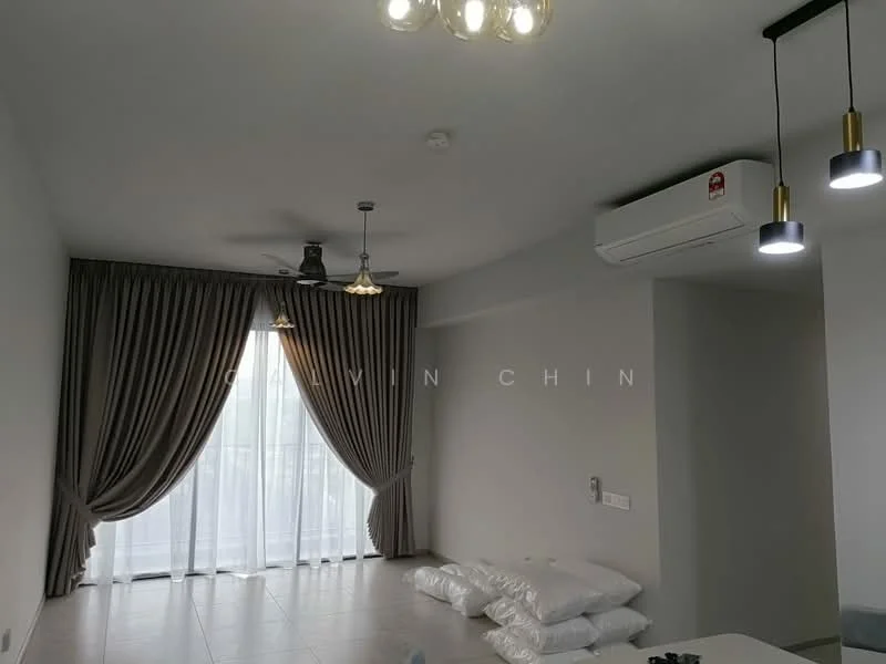 Living features: grey painted walls, white ceiling, 5-blade ceiling fan with light, 2 pendant lamps, floor-to-ceiling windows with sheer curtains, light-colored tile flooring, wall-mounted split AC, decorative wall with no visible artwork, piles of cushions on the floor; style: modern.