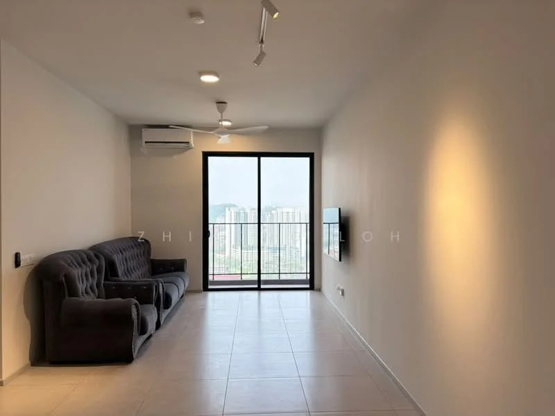 Living features: grey fabric 3-seater sofa, grey fabric 2-seater sofa, wall-mounted TV, floor-to-ceiling windows, city view, recessed downlights, 5-blade ceiling fan, air conditioning unit, light-colored tiled flooring, white painted walls; style: modern; view: city.
