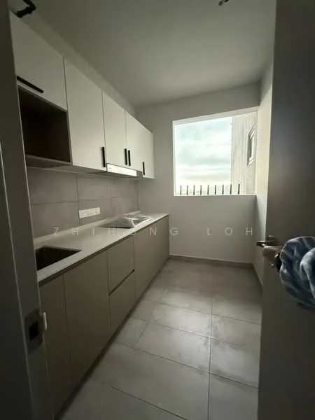 Kitchen features: white cabinetry, grey countertop, single-bowl stainless-steel sink, chrome pull-down faucet, tile backsplash, ceramic tile flooring, window with view, built-in cabinets, under-cabinet lighting; style: modern; view: city.