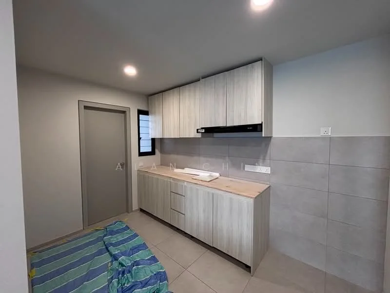 Kitchen features: light wood cabinetry, white countertop, built-in oven, stainless-steel range hood, single-bowl stainless-steel sink, chrome pull-down faucet, grey tiled backsplash, light grey floor tiles, recessed LED downlights, window with black frame, door with grey finish; style: modern.