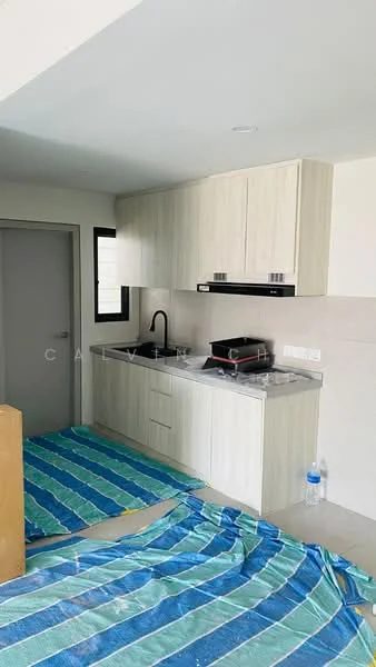 Kitchen features: light wood cabinetry, black single-bowl stainless-steel sink, black gooseneck faucet, white countertop, built-in stove with hood, grey tiled backsplash, ceramic tile flooring, window for natural light, blue and green striped floor covering; style: modern.