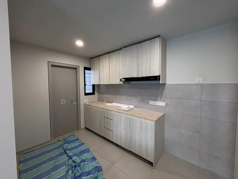 Kitchen features: light wood cabinetry, white countertop, built-in oven, stainless-steel sink, chrome pull-down faucet, grey tiled backsplash, grey floor tiles, recessed LED downlights, window above sink, sliding door, open shelving; style: modern.