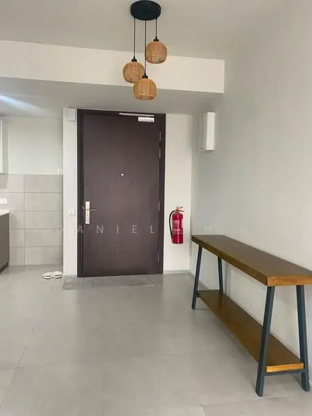 Room features: grey tiled flooring, white painted walls, wooden console table, pendant lighting with woven shades, fire extinguisher mounted on wall, door with metal handle, sliding door to kitchen area, wall-mounted speaker; style: modern.